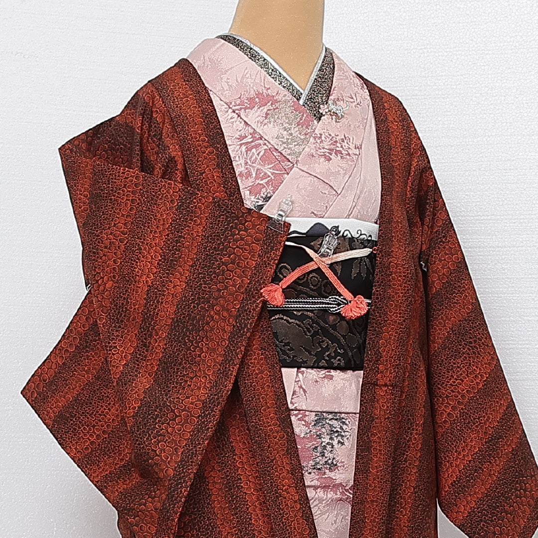 羽織 袷 身丈78cm 裄丈64cm 正絹 Aランク カジュアル Mサイズ 紐あり 創作柄 朱系 HP 1232-13852