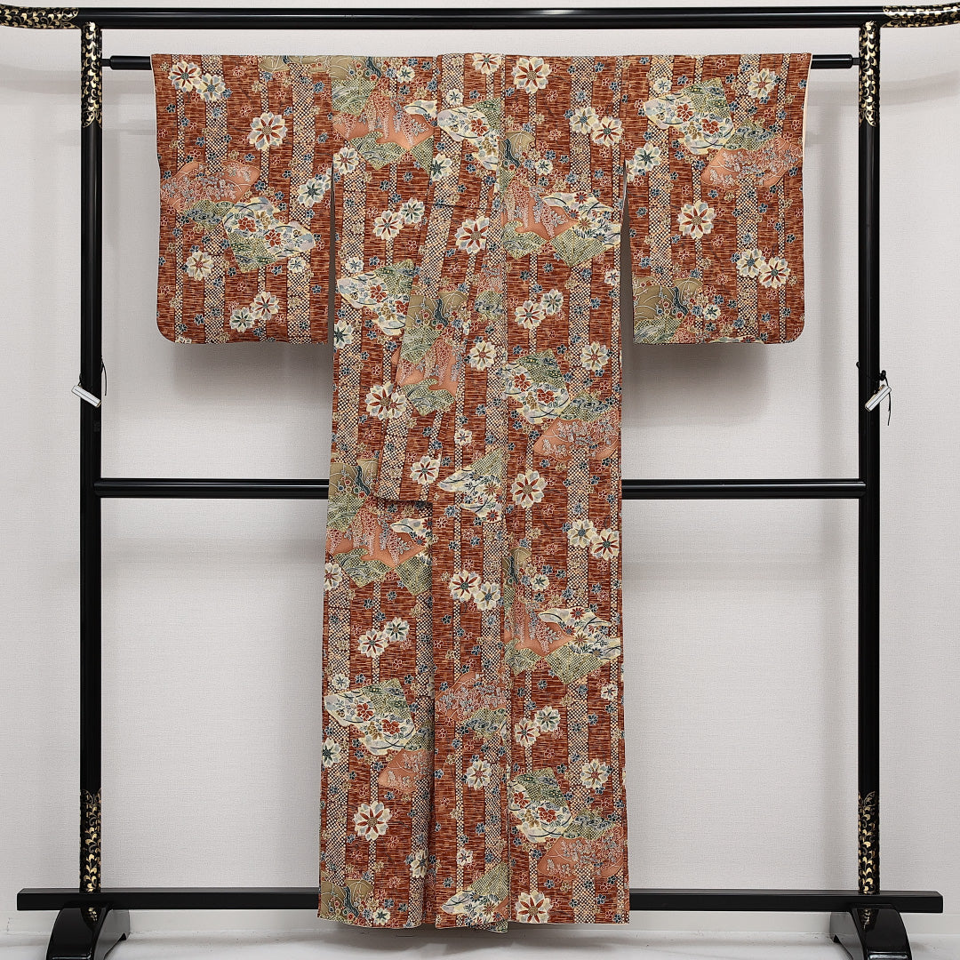 小紋 袷 身丈155cm 裄丈63cm 正絹 Sランク インフォーマル 広衿 Mサイズ 吉祥文様 茶系 RP 1221-14162