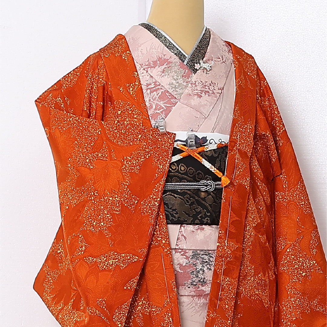 羽織 袷 身丈83cm 裄丈65cm 正絹 Sランク カジュアル Mサイズ 紐あり 植物柄 朱系 RP 1232-12867