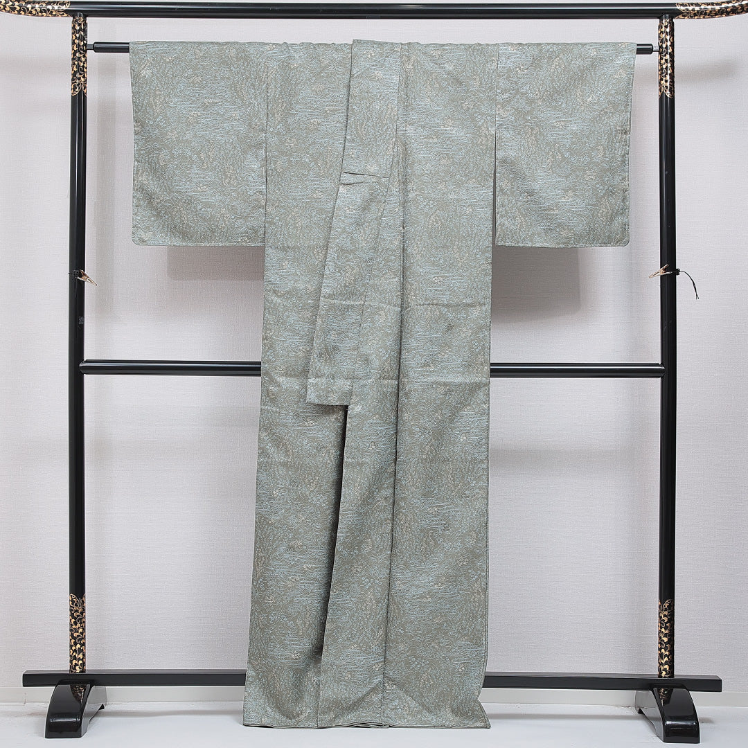 未使用品 洗える着物 小紋 袷 身丈164cm 裄丈64cm ポリエステル Nランク インフォーマル 広衿 Lサイズ 観世水 花柄 緑系 RP 1221-16061