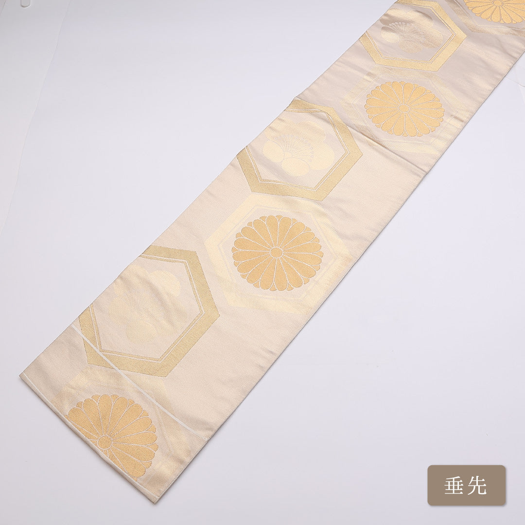 袋帯 帯丈440cm 六通 御所菊 梅 亀甲 金系 フォーマル クリーム系 正絹 Aランク 1223-00851
