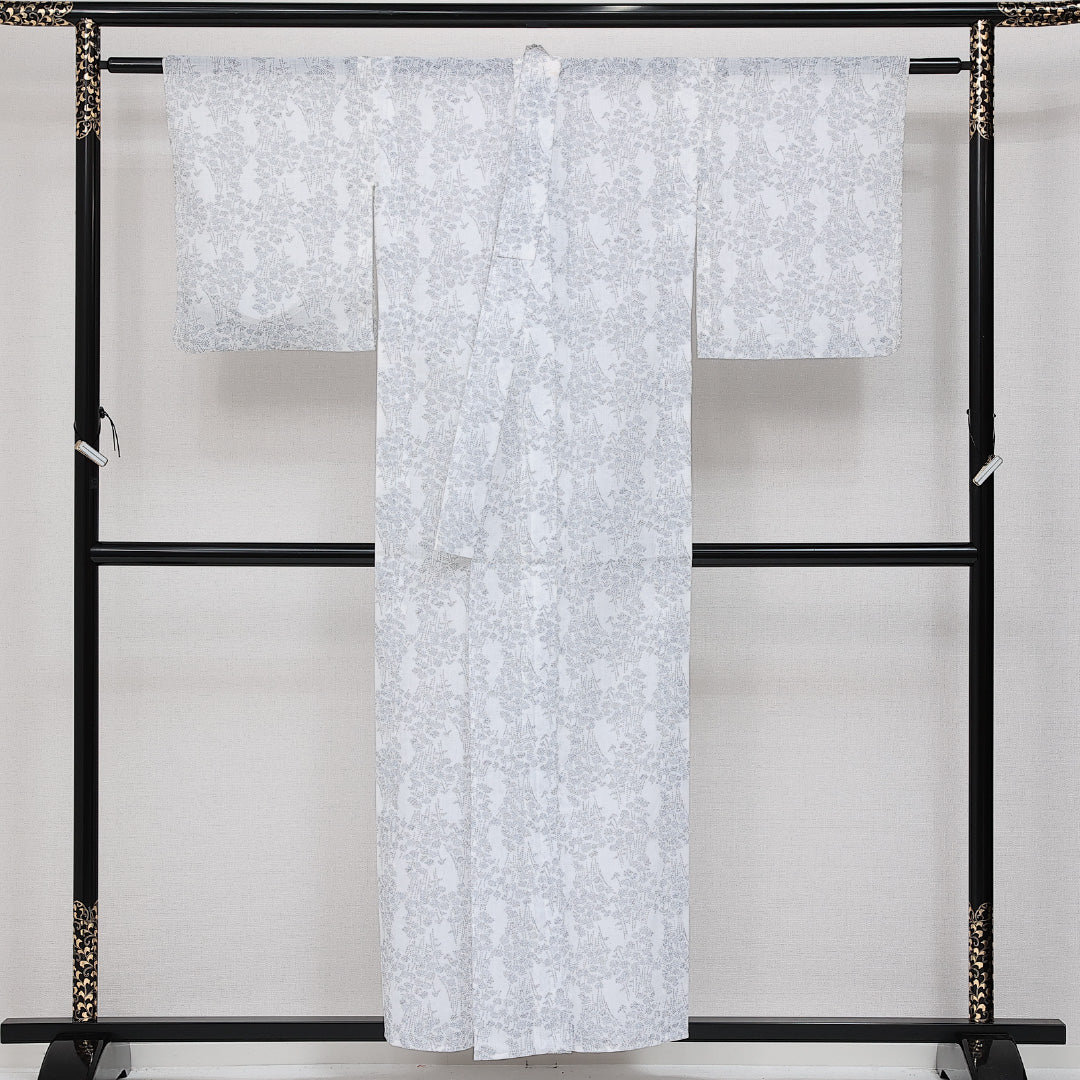 浴衣 夏物 洗える着物 身丈153cm 裄丈61cm Aランク 麻 バチ衿 Sサイズ カジュアル 植物柄 シック 爽やか 白系 1218-14262
