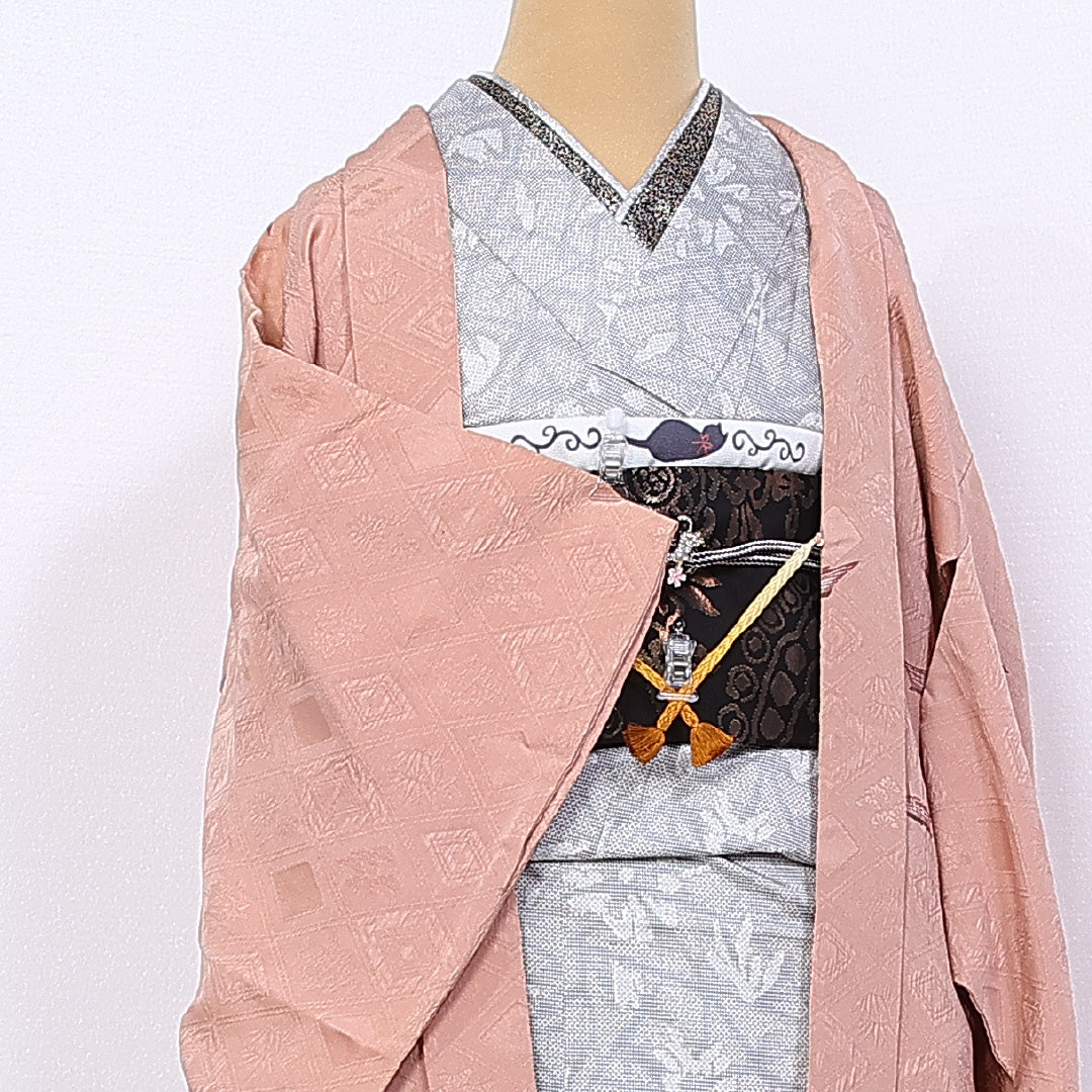 羽織 身丈80cm 裄丈61cm S 正絹 Aランク 袷 ふくれ織 紅葉 菊 笹 菱形 紐あり 1217-10252