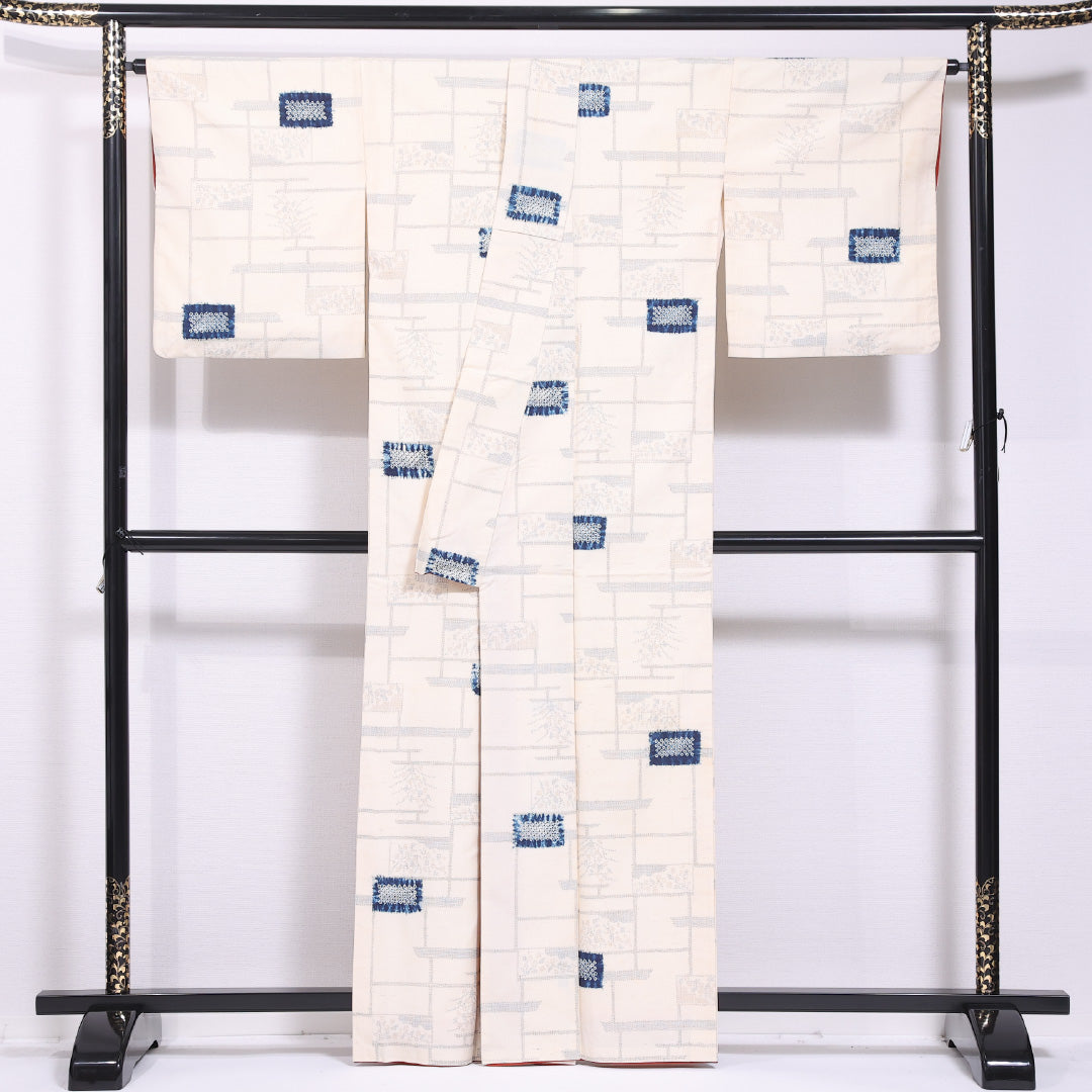 紬 袷 身丈160cm 裄丈67cm 正絹 Cランク カジュアル 広衿 Lサイズ 創作柄 クリーム系 LP 1223-11704