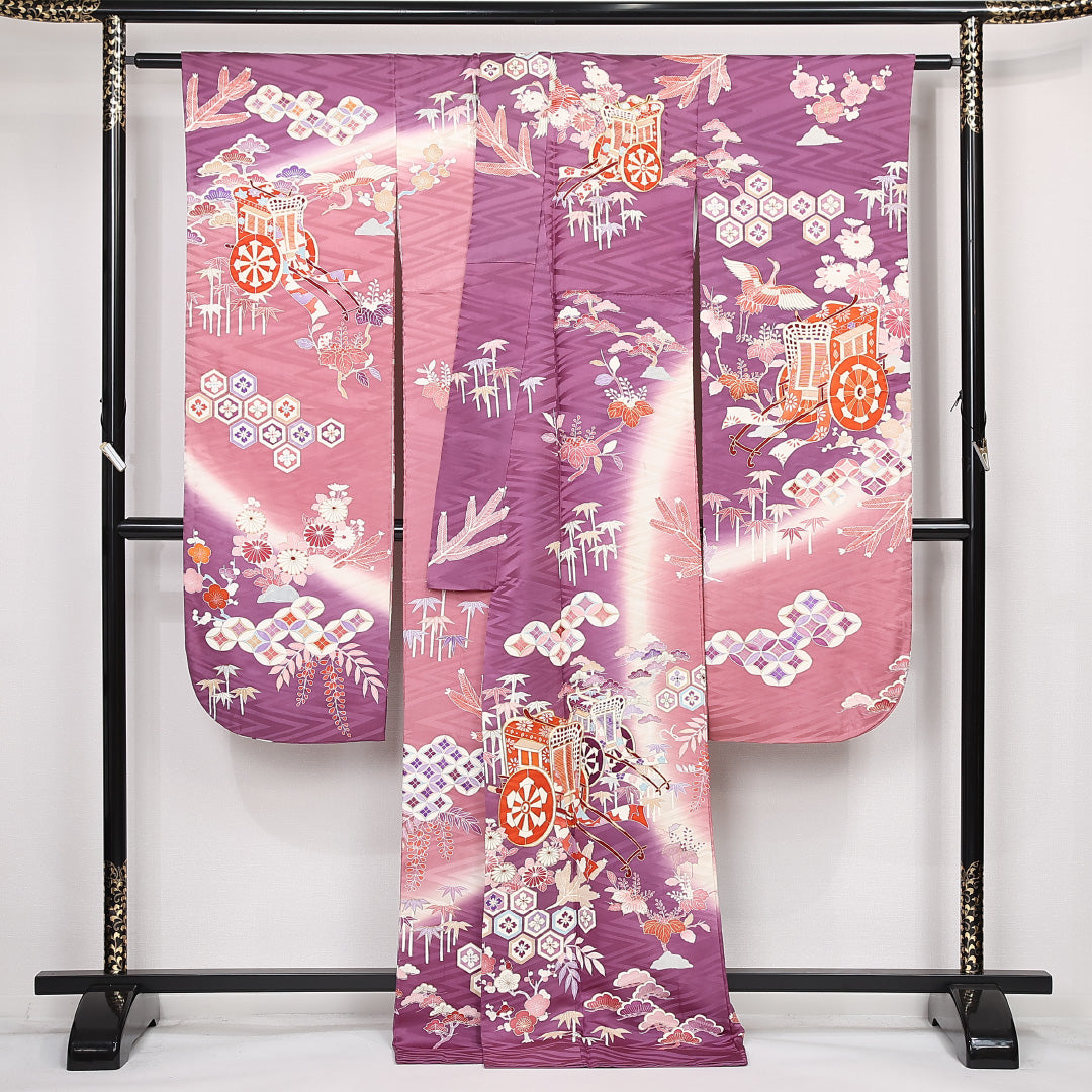 振袖 身丈173cm 裄丈69.5cm Sランク 正絹 袷 広衿 2XL 金駒刺繍 御所車 フォーマル 紫系 1213-F0516