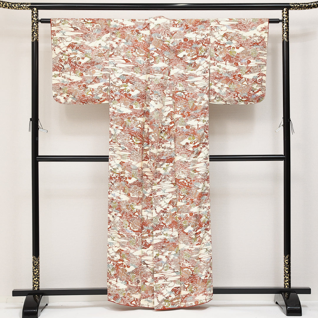 小紋 袷 身丈159cm 裄丈64cm 正絹 Cランク Mサイズ 広衿 インフォーマル 京紅型 御所解 クリーム系 1215-14597