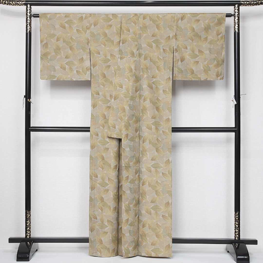 紬 単衣 身丈161cm 裄丈66cm 正絹 Sランク カジュアル 広衿 Lサイズ 植物柄 黄系 RP 1223-12170
