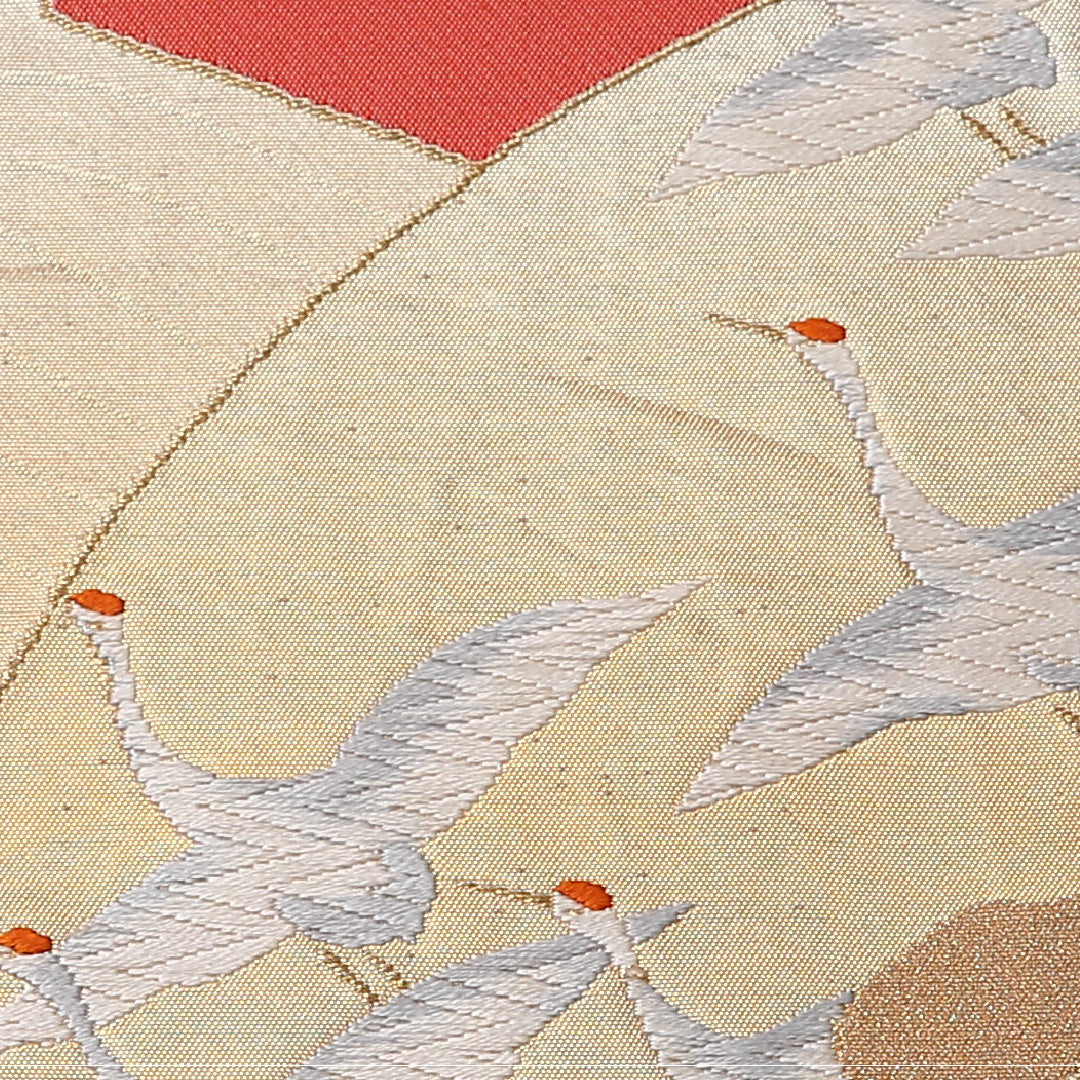 袋帯 帯丈424cm 正絹 六通 フォーマル 更紗 花扇 松鶴 八橋 金系 1243-01438