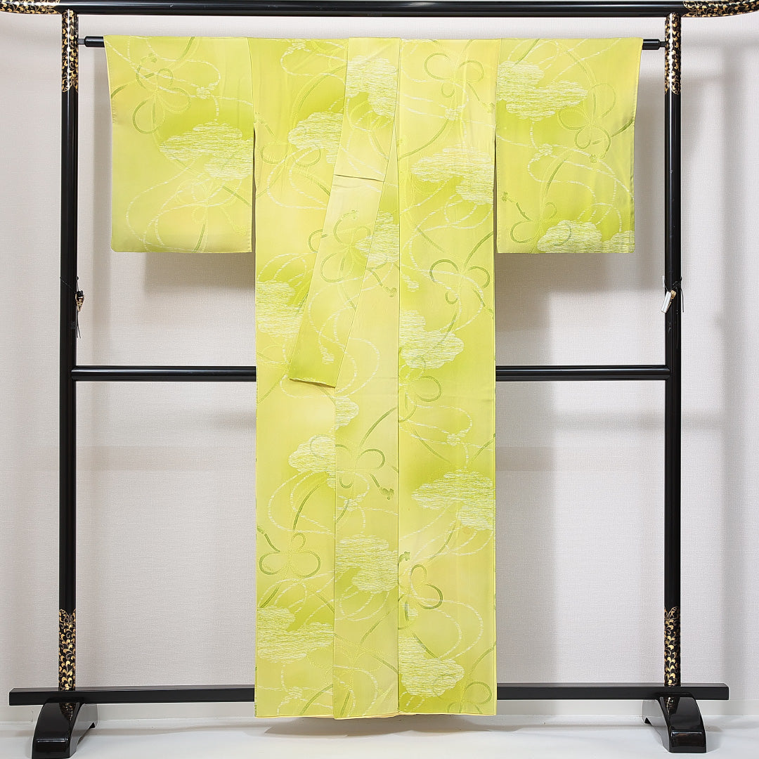 小紋 袷 身丈157cm 裄丈64cm 正絹 Bランク Mサイズ 広衿 インフォーマル 組紐 緑系 1215-14958