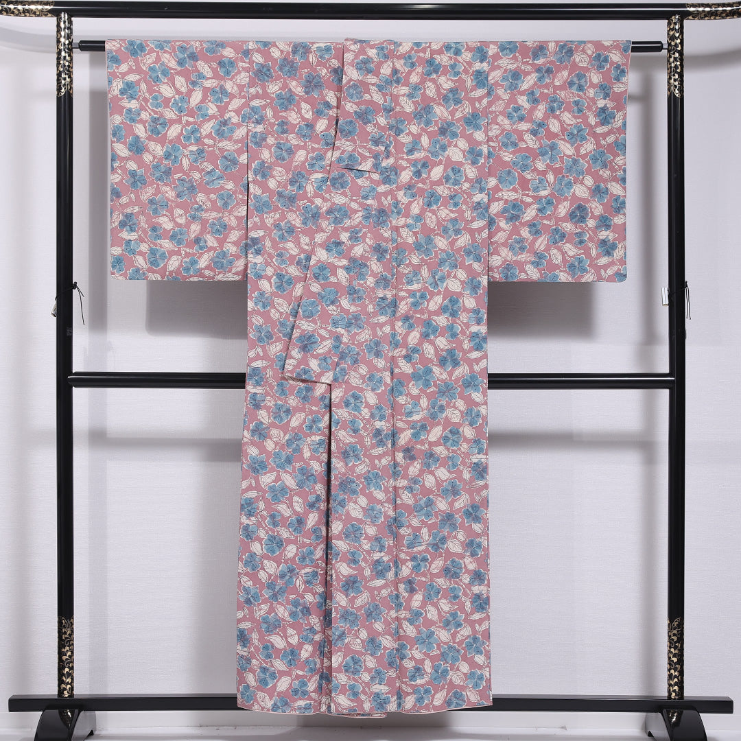 小紋 袷 身丈153cm 裄丈62cm 正絹 Aランク インフォーマル 広衿 Sサイズ 花柄 ピンク系 RP 1221-11739