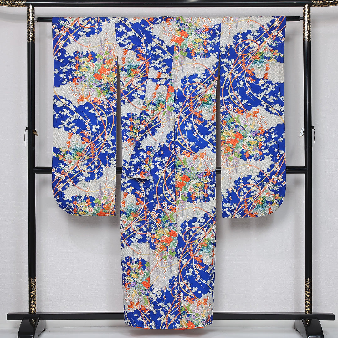 振袖 身丈157cm 裄丈65cm Cランク 袷 正絹 S 広衿 吉祥文様 組紐 古典柄 花柄 青系 1213-F0428