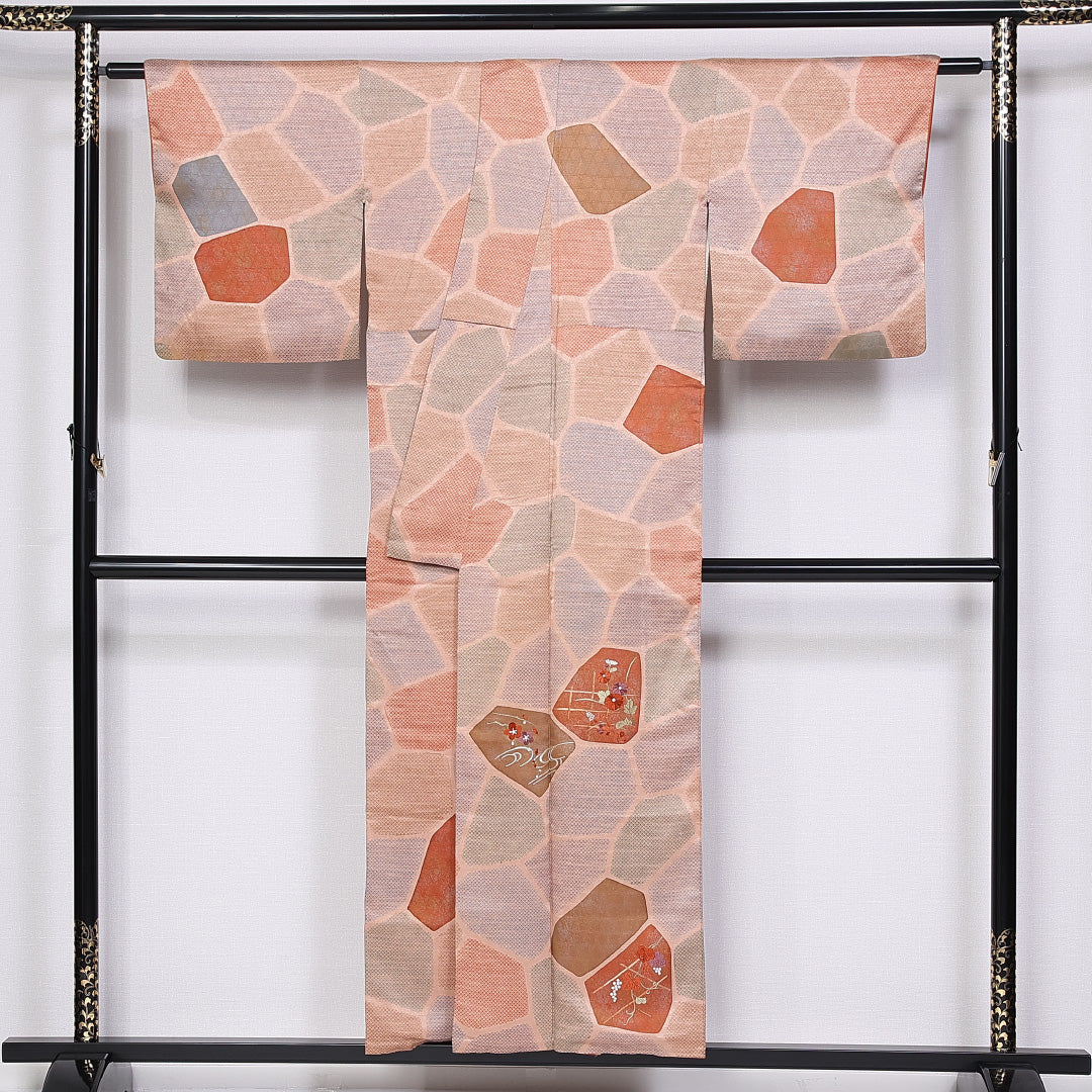 付下げ 袷 身丈154cm 裄丈63cm 正絹 Sランク インフォーマル 広衿 Sサイズ 金彩 刺繍 菊 梅 朱系 RP 1218-10225