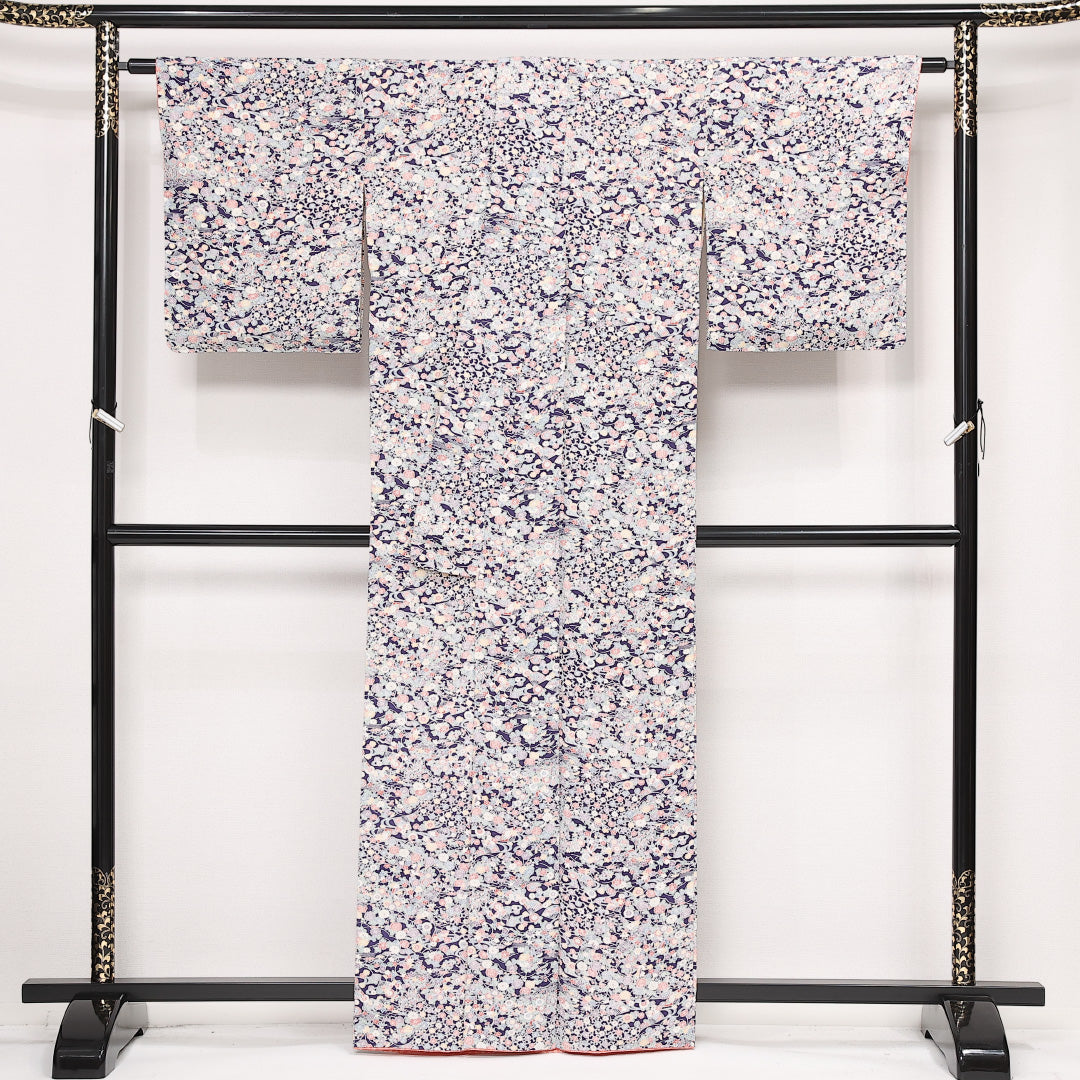 小紋 袷 身丈161cm 裄丈65cm 正絹 Aランク インフォーマル 広衿 Lサイズ 吉祥文様 紺系 RP 1221-13393