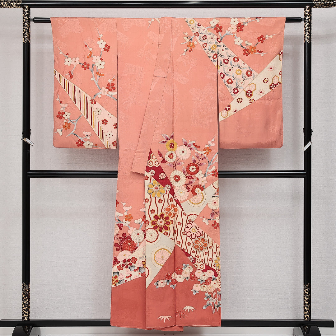 アンティーク 訪問着 (錦紗) 袷 身丈152cm 裄丈62cm 正絹 Aランク バチ衿 Sサイズ 吉祥文様 ピンク系 M4 1217-14233