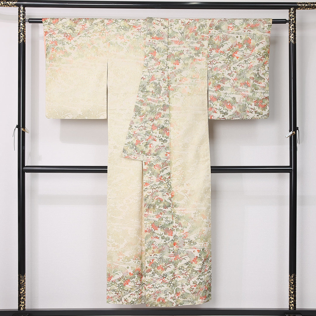 訪問着 袷 身丈147cm 裄丈62cm 正絹 Aランク セミフォーマル 広衿 XSサイズ 型染め 吉祥文様 クリーム系 RP 1217-12440