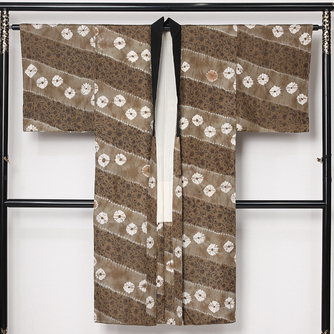 長襦袢 男性用 袷 身丈130cm 裄丈64cm 正絹 Aランク Sサイズ 絞り 花柄 茶系 RP 1241-12974