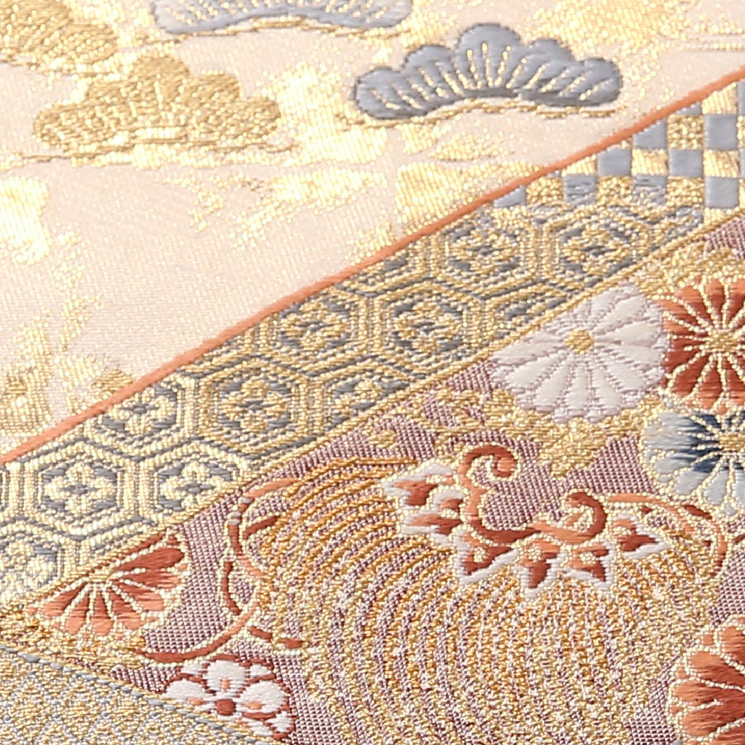 袋帯 帯丈420cm 正絹 六通 松皮取華宝紋 フォーマル 九百錦 松皮菱 裂取り 金系 1243-01687