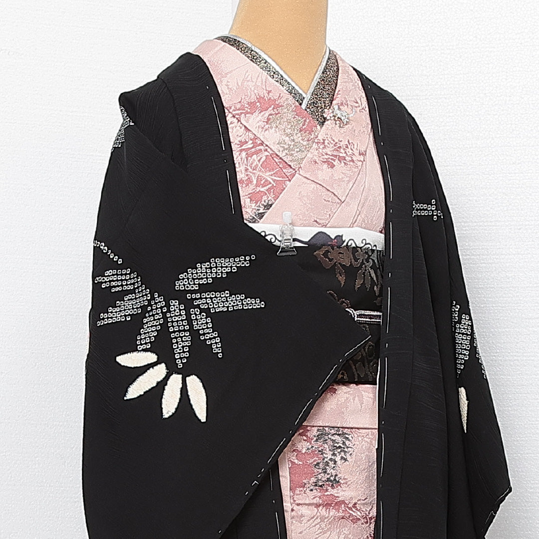 未使用品 黒羽織 袷 身丈85cm 裄丈65cm 正絹 Sランク インフォーマル Mサイズ しつけ糸 笹 竹 黒系 RP 1233-13878