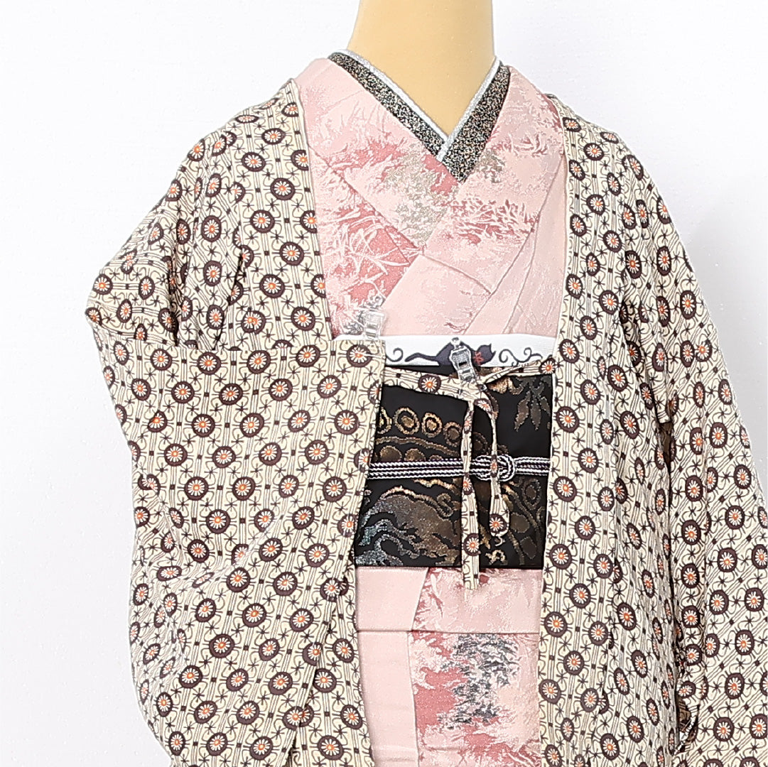羽織 袷 身丈69cm 裄丈63cm 正絹 Aランク カジュアル Sサイズ 紐あり 幾何学柄 ベージュ系 HP 1232-12567