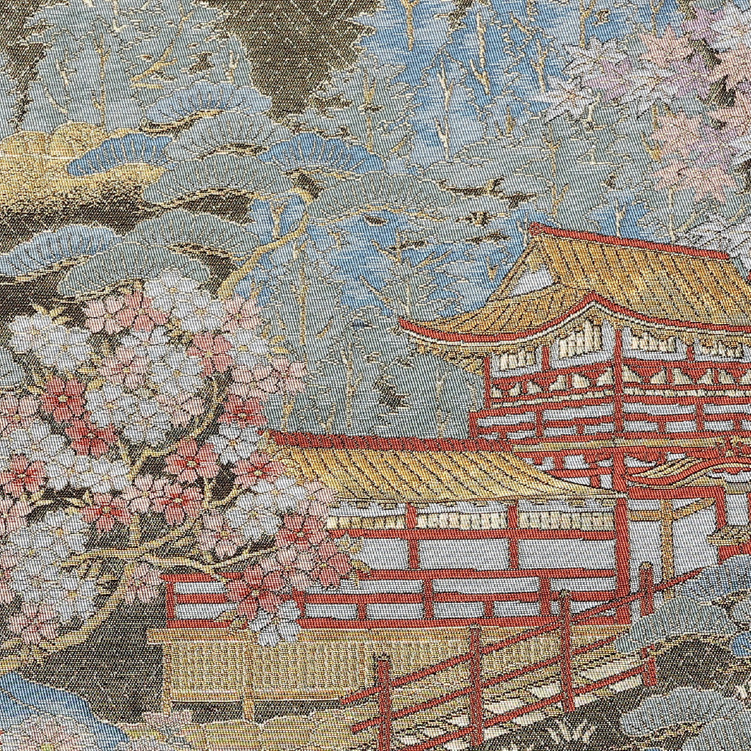 袋帯 帯丈436cm 六通 春日大社東西御廊 寺社仏閣 笠松 桜 紅葉 フォーマル 緑系 正絹 Sランク 1223-00957