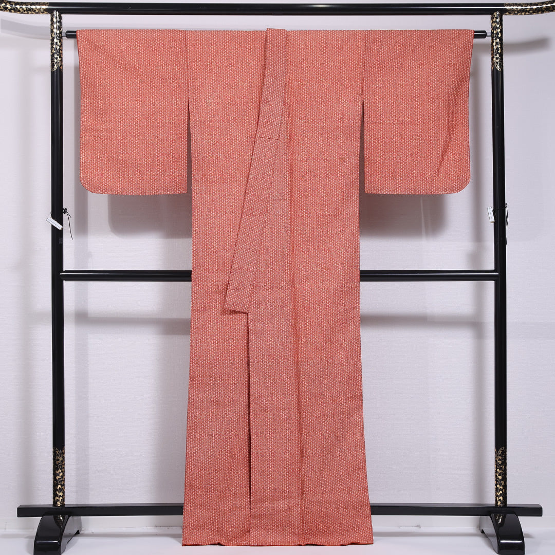 小紋 袷 身丈164cm 裄丈68cm 正絹 Aランク インフォーマル バチ衿 Lサイズ 麻の葉 朱系 HP 1221-11714