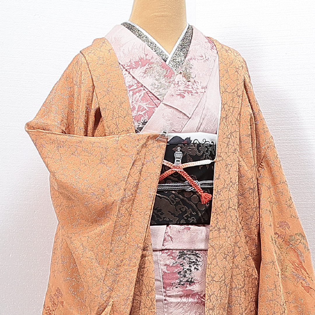 羽織（お召） 袷 身丈82cm 裄丈64cm 正絹 Aランク Mサイズ カジュアル 紐あり 山 松 漆糸 朱系 1217-14851