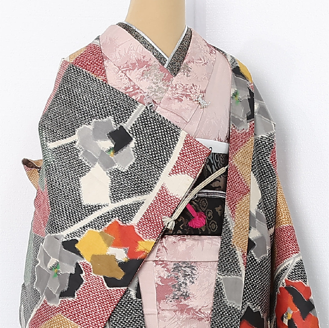 アンティーク 羽織 (銘仙) 袷 身丈100cm 裄丈63cm 正絹 Aランク Sサイズ 紐あり 薔薇 グレー系 M4 1232-12544