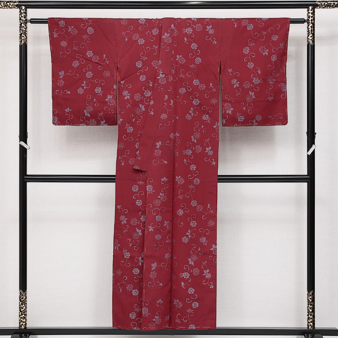 アンティーク お召 袷 身丈150cm 裄丈62cm 正絹 Aランク バチ衿 Sサイズ 唐草牡丹 赤系 RP 1222-14237