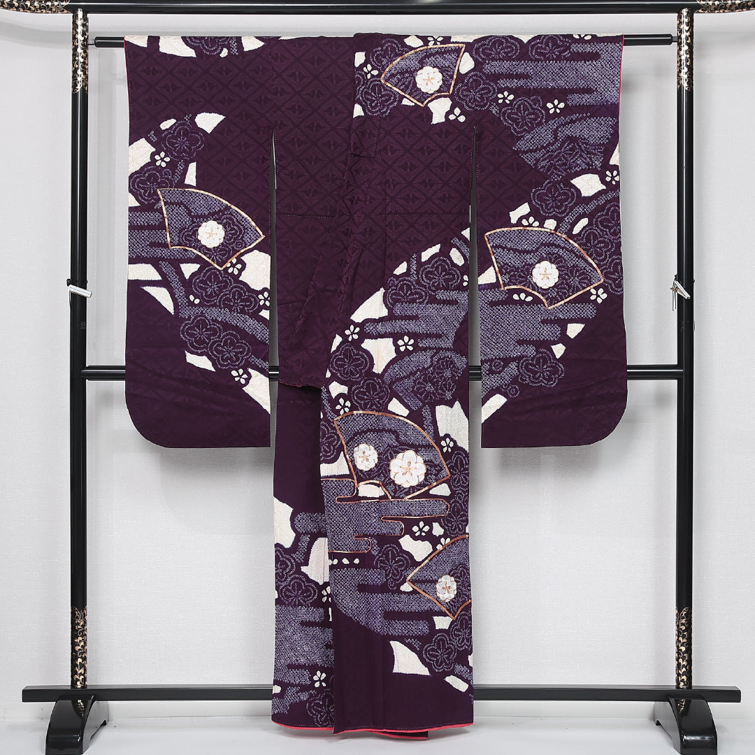 振袖 身丈158cm 裄丈64cm Aランク 袷 正絹 XL 広衿 絞り 金駒刺繍 吉祥文様 扇 古典柄 桜 花柄 紫系 1213-F0437