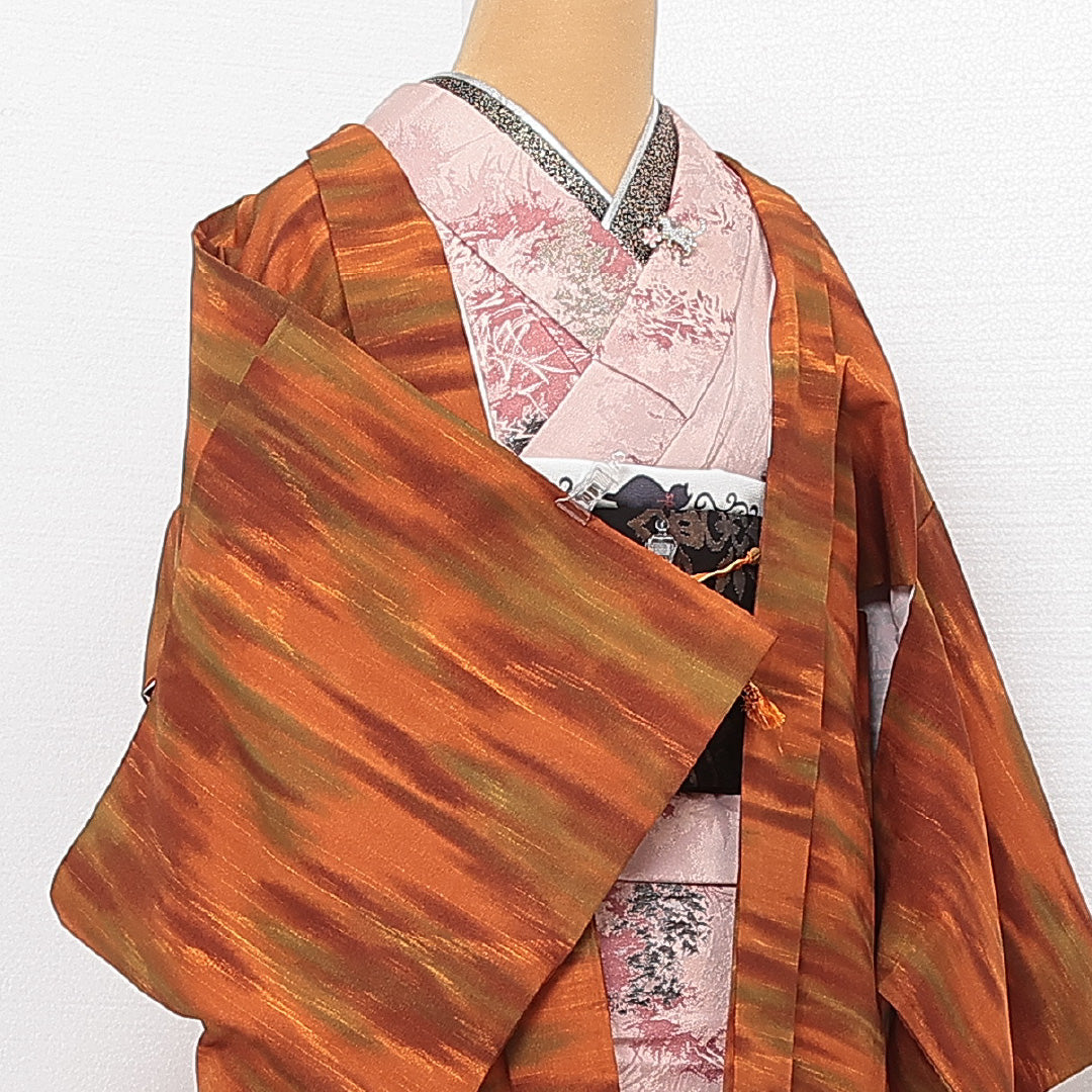 洗える着物 羽織 袷 身丈74cm 裄丈65cm ポリエステル Sランク カジュアル Mサイズ 紐あり 創作柄 朱系 RP 1232-13930