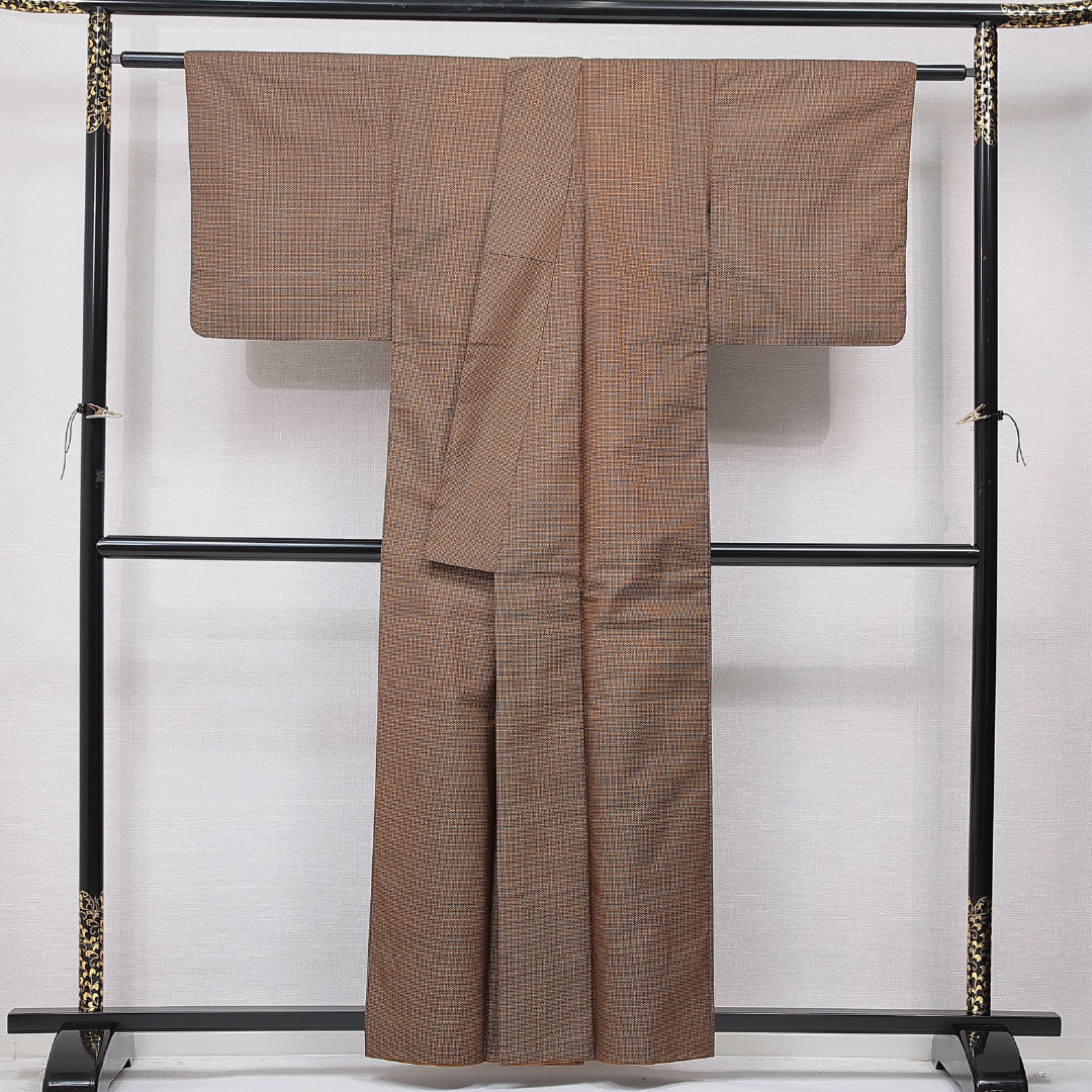 紬 袷 身丈152cm 裄丈62cm 正絹 Sランク カジュアル 広衿 Sサイズ 抽象柄 茶系 RP 1223-15707
