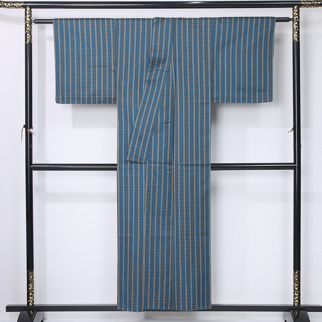 紬 単衣 身丈152cm 裄丈62cm 正絹 Sランク カジュアル 広衿 Sサイズ 格子 青系 RP 1223-12250