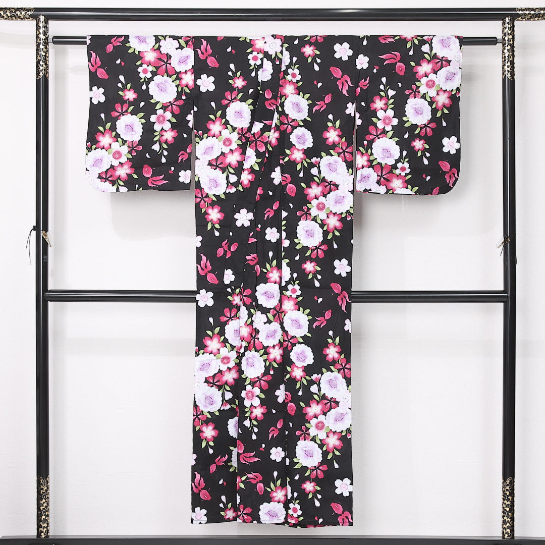 夏物 浴衣 身丈146cm 裄丈61cm Sランク XS 木綿 洗える着物 夏物 バチ衿 牡丹 桜 金魚 カジュアル 黒系 1218-12459