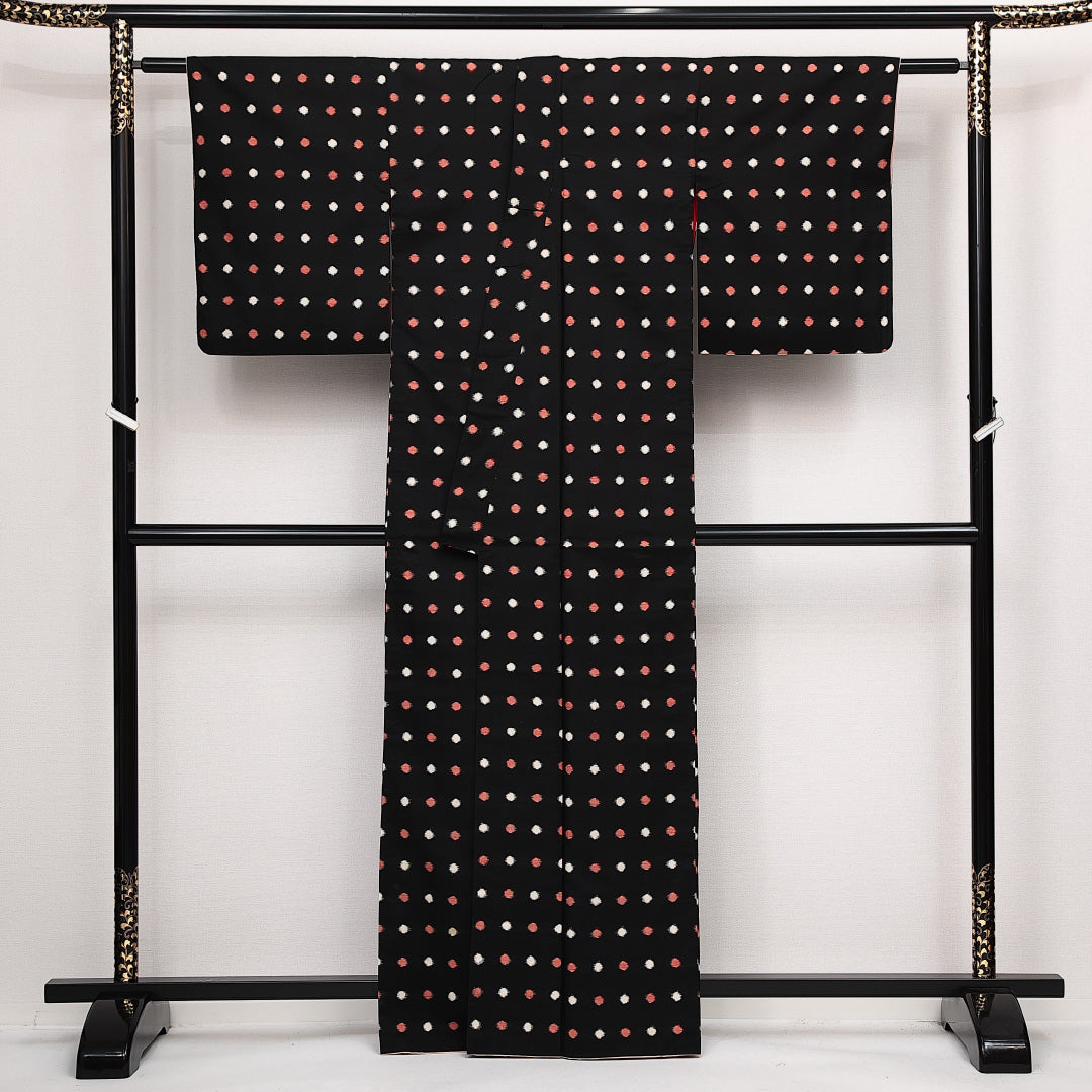 アンティーク 銘仙の着物 袷 身丈161cm 裄丈62cm 正絹 Bランク バチ衿 Lサイズ ドット 黒系 RP 1223-14105