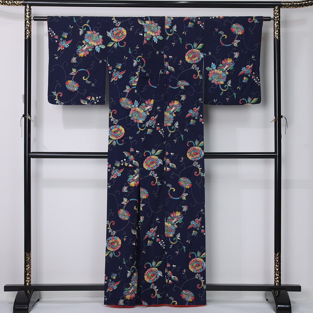 小紋 身丈162cm 裄丈65cm Sランク L 正絹 袷 広衿 菊 牡丹 カジュアル 紺系 1215-12374
