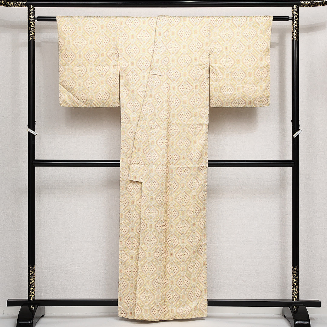 小紋 袷 身丈159cm 裄丈63cm 正絹 Sランク インフォーマル バチ衿 Mサイズ 創作柄 クリーム系 RP 1221-14166