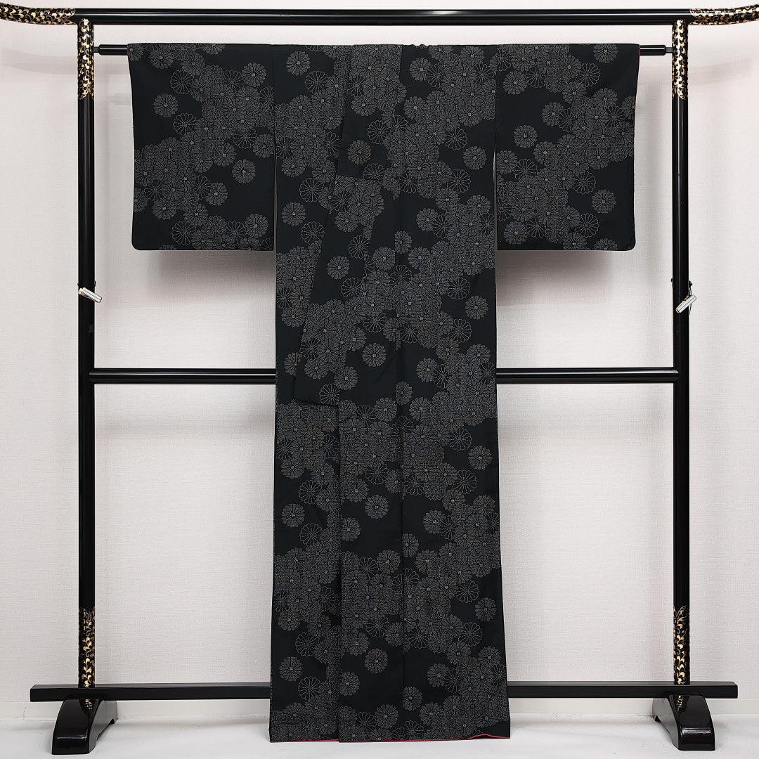 大島紬 袷 身丈162cm 裄丈62cm 正絹 Aランク インフォーマル 広衿 Lサイズ 菊 黒系 RP 1223-14102