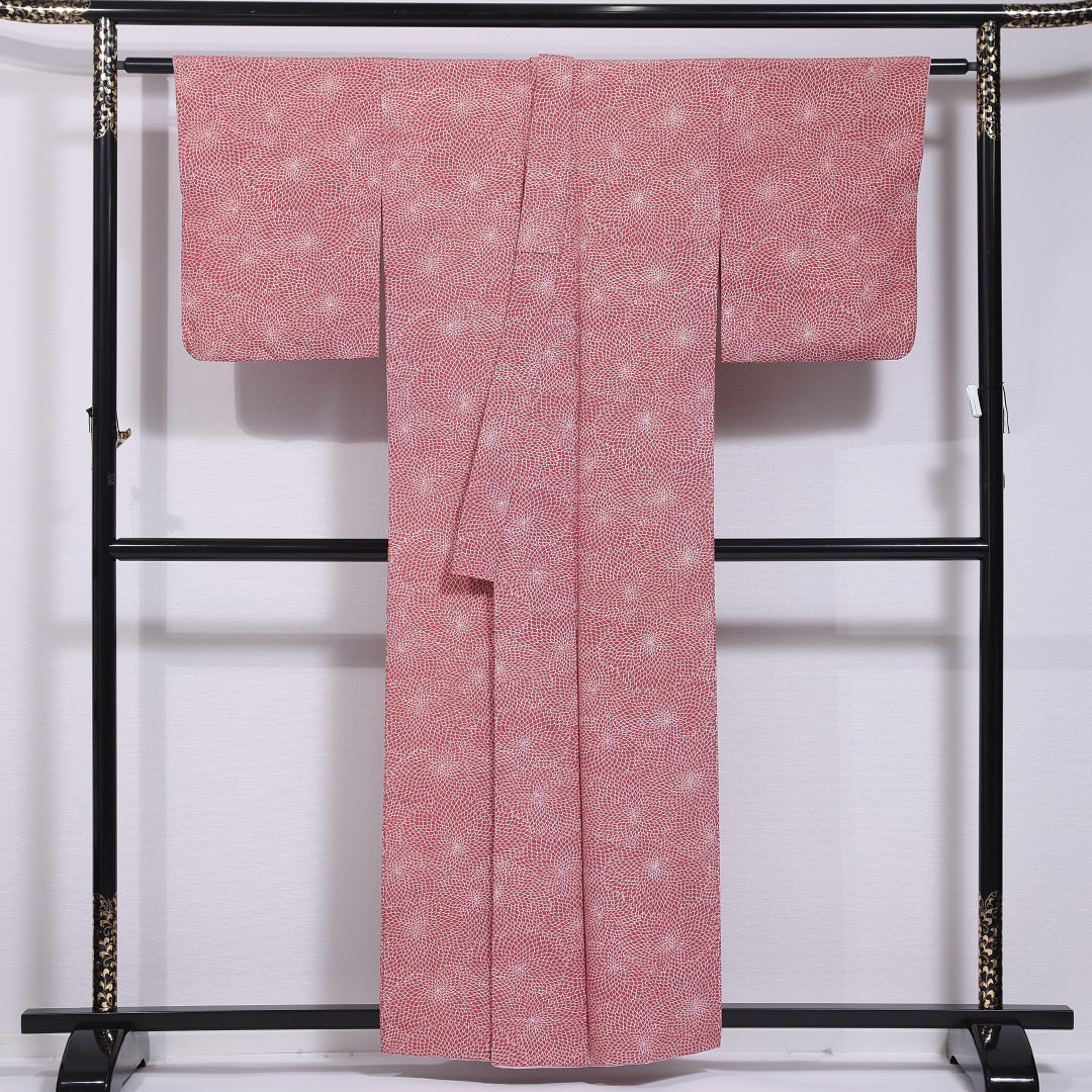 小紋 袷 身丈157cm 裄丈64cm 正絹 Cランク インフォーマル バチ衿 Mサイズ 菊 ピンク系 HP 1221-11722