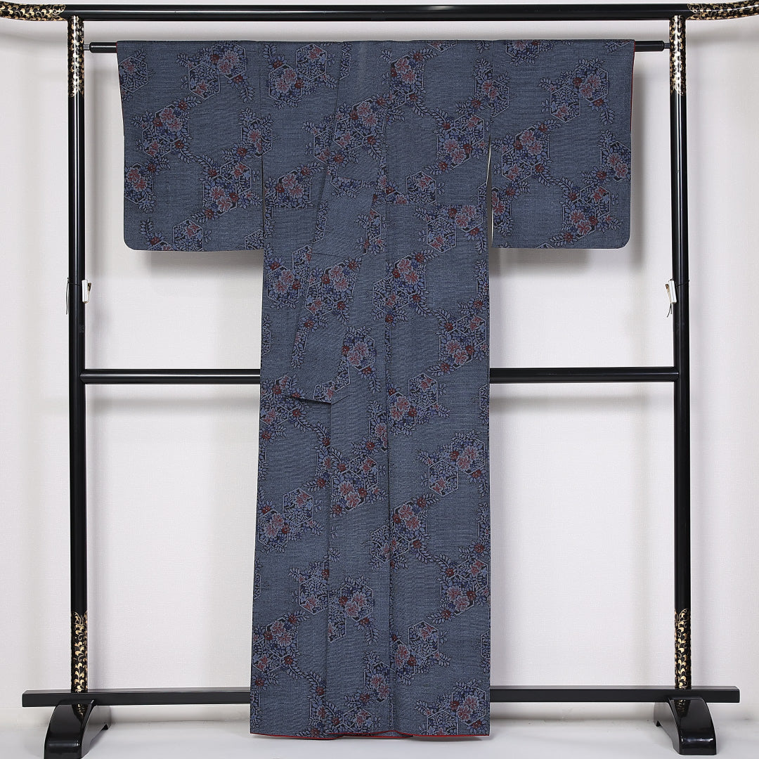 紬 袷 身丈160cm 裄64.5cm 正絹 花柄 紺系 Aランク 1216-01385