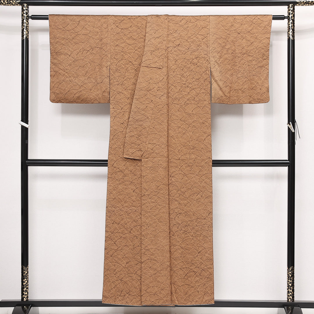 小紋 袷 身丈152cm 裄丈64cm 正絹 Aランク インフォーマル 広衿 Sサイズ 芝草 茶系 RP 1221-13337