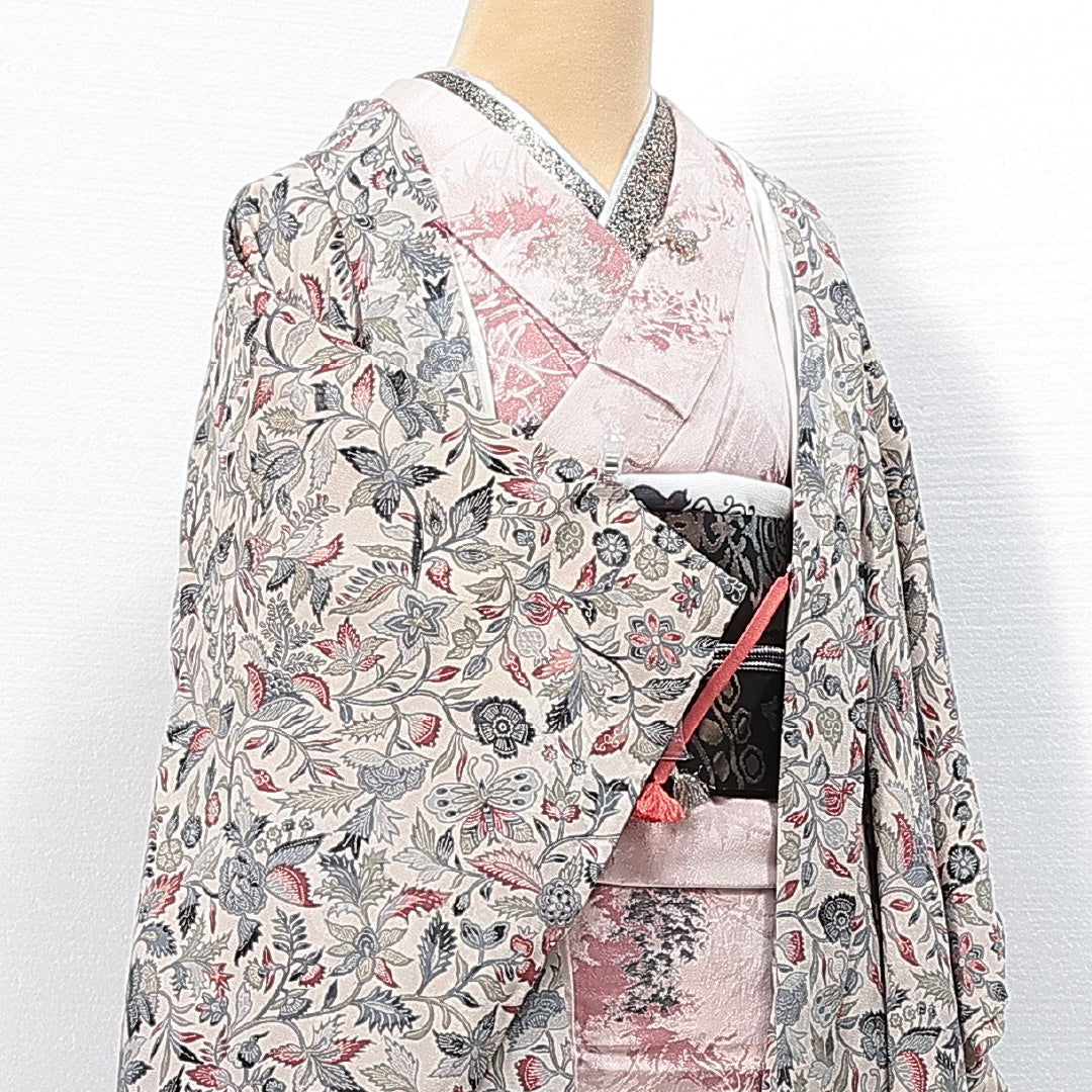 羽織 袷 身丈85cm 裄丈62cm 正絹 Aランク カジュアル Sサイズ 紐あり 植物柄 クリーム系 RP 1232-14704