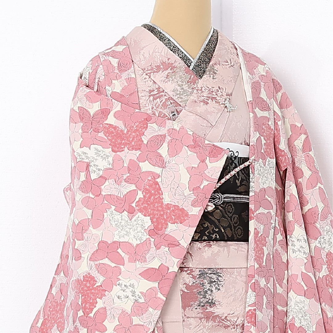 洗える着物 羽織 単衣 身丈88cm 裄丈63cm ポリエステル Sランク カジュアル Sサイズ 紐あり 蝶 花柄 ピンク系 RP 1232-12521