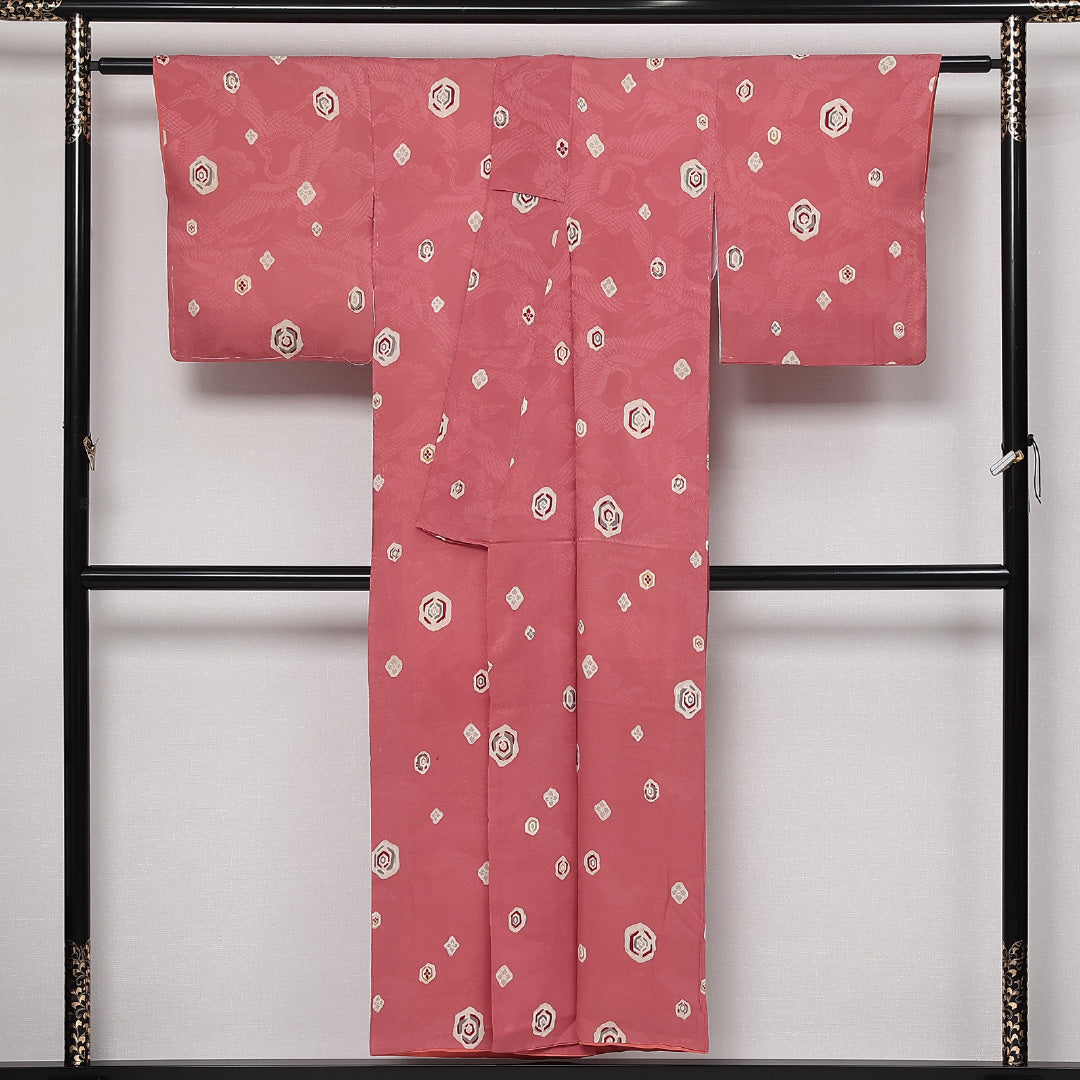 小紋 袷 身丈150cm 裄丈62cm 正絹 Sランク 紋意匠 (鶴) インフォーマル 広衿 Sサイズ 花菱 ピンク系 RP 1221-13620