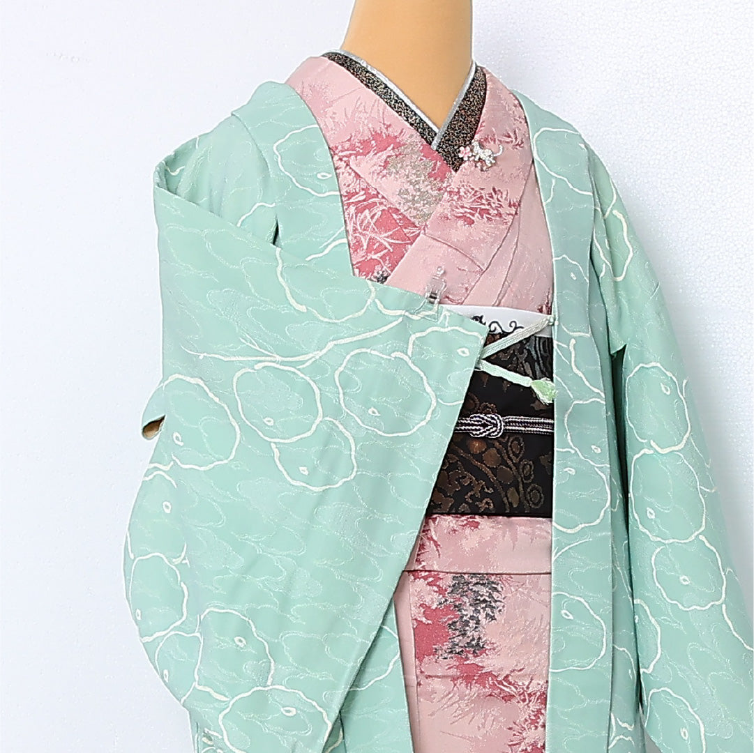 羽織 袷 身丈75cm 裄丈62cm 正絹 Aランク カジュアル Sサイズ 紐あり 菊 緑系 RP 1232-12864