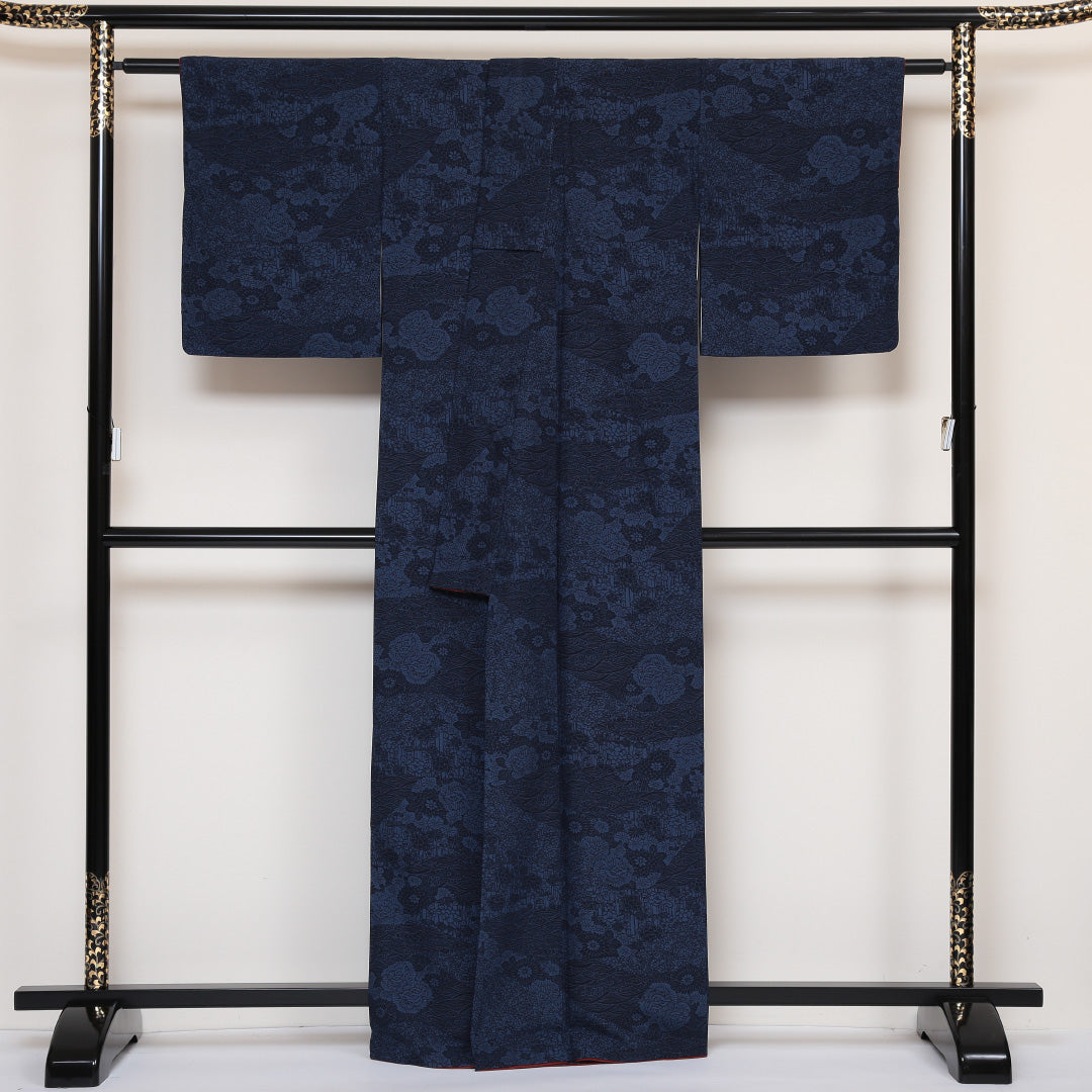 小紋 袷 身丈163cm 裄丈64cm 正絹 Aランク インフォーマル 広衿 Lサイズ 藍型 古典柄 紺系 RP 1221-01644