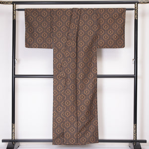 アンサンブル 紬 単衣 身丈155cm 裄62cm ウール 洗える着物 幾何学 紐付き 黄系 Sランク 1216-00924