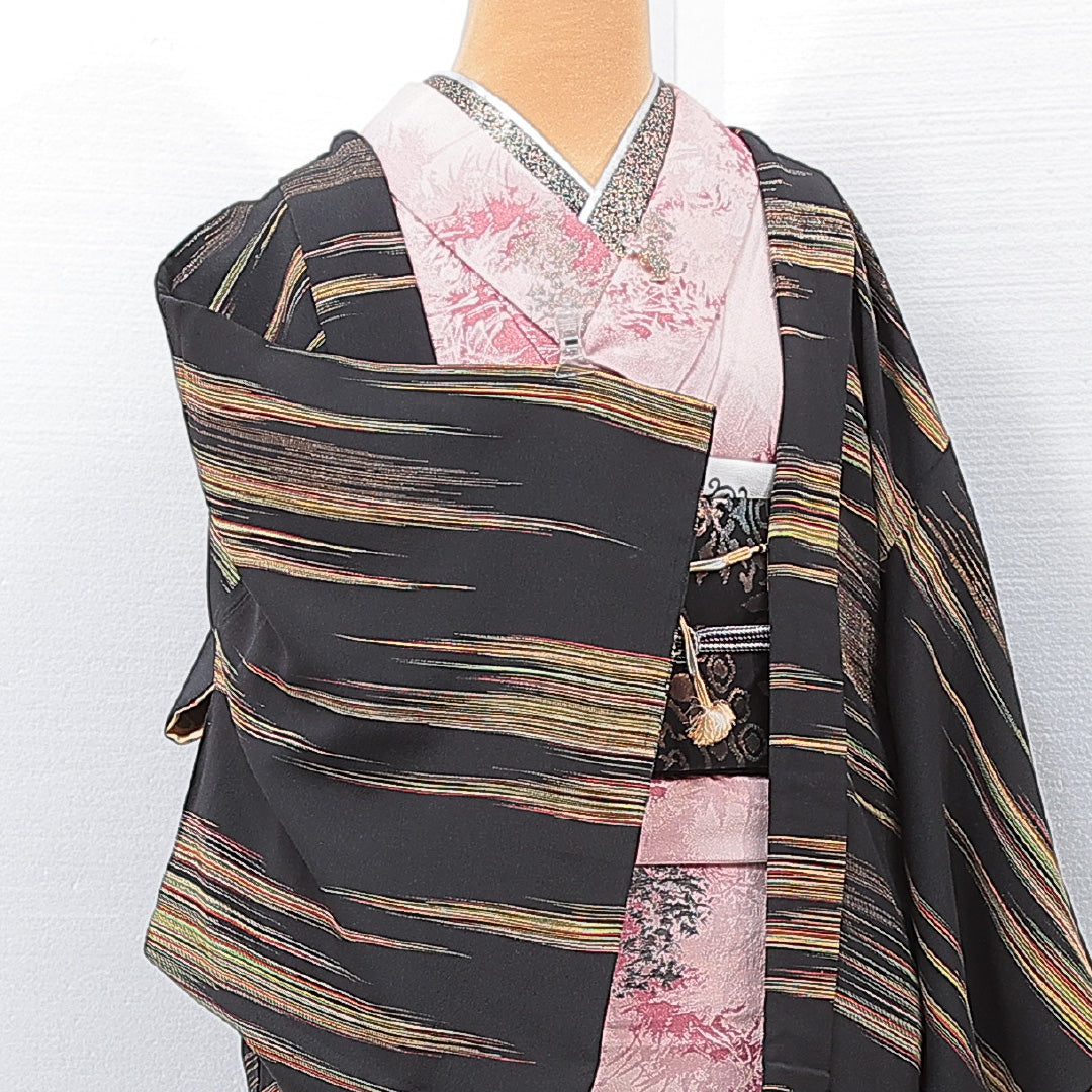 アンティーク 羽織 (お召) 袷 身丈78cm 裄丈62cm 正絹 Aランク Sサイズ 紐あり アラベスク文様 黄系 RP 1232-15119