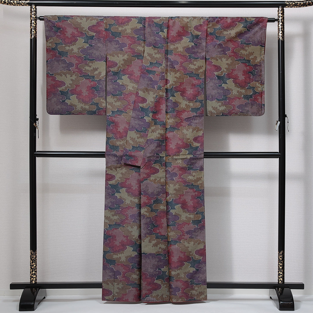 紬 洗える着物 袷 身丈160cm 裄丈64cm ポリエステル Sランク Lサイズ 広衿 カジュアル 雲取り 多色系 1216-15001
