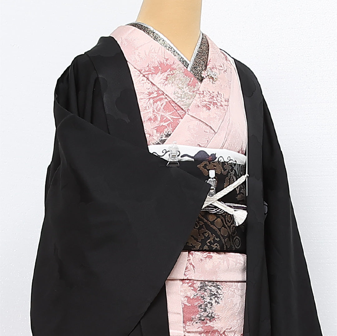 黒羽織 袷 身丈80cm 裄丈69cm 正絹 Sランク 一つ紋 (五三桐) 紋意匠 (雲取り) セミフォーマル Lサイズ 紐あり 黒系 RP 1233-13415
