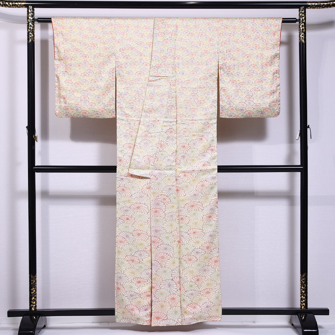 小紋 袷 身丈158cm 裄丈62cm 正絹 Sランク インフォーマル 広衿 Mサイズ 菊 クリーム系 RP 1221-11661
